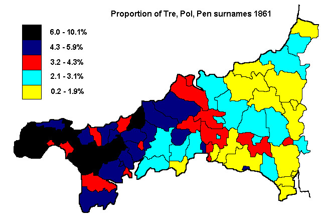 Proportion of Tre, Pol, Pen surnames 1861